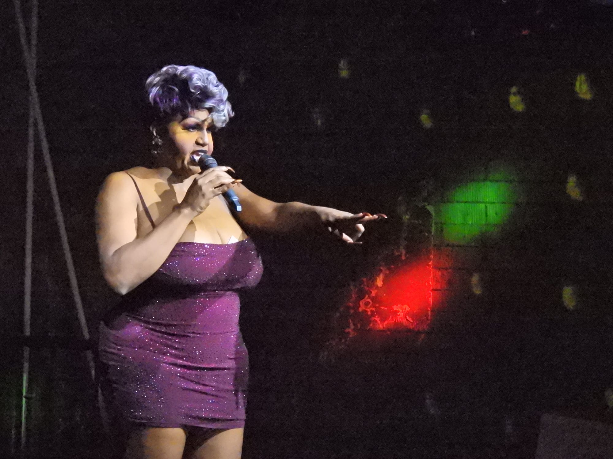 A person wearing a sparkly purple dress performs on stage with a microphone, under colorful lights.