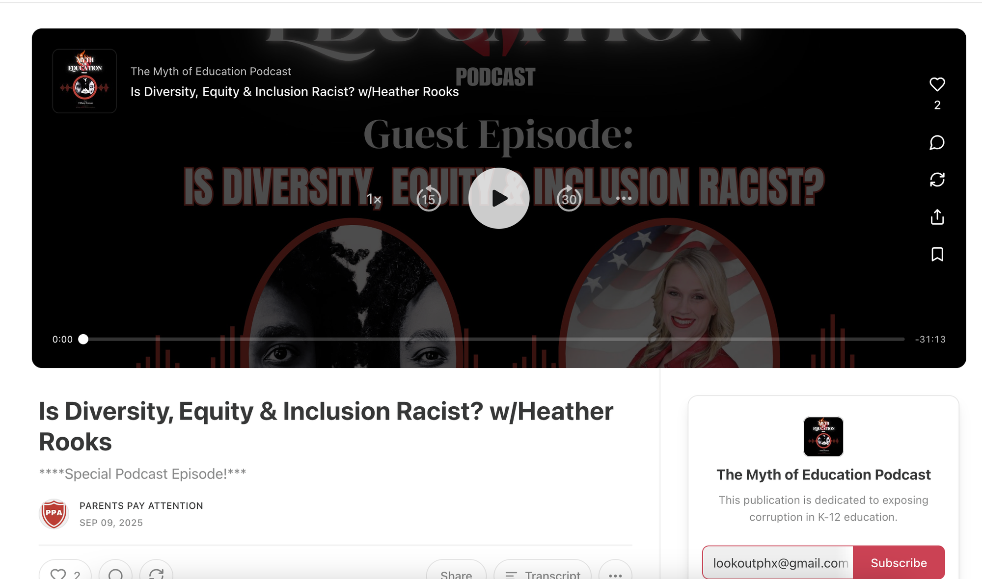 A podcast titled "Is Diversity, Equity & Inclusion Racist? w/Heather Rooks" from The Myth of Education Podcast is shown.