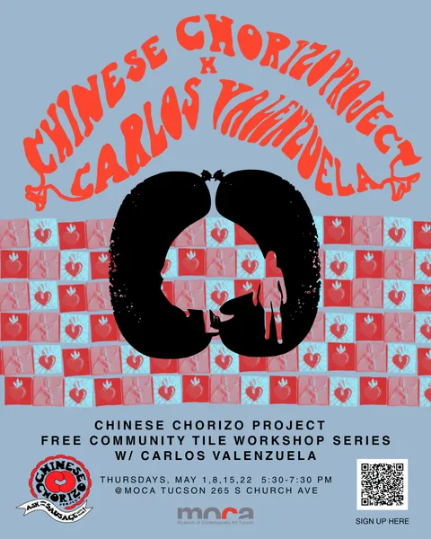 A colorful illustrated poster for a community workshop featuring bold lettering and graphic silhouettes, promoting an event tied to the Chinese Chorizo Project.