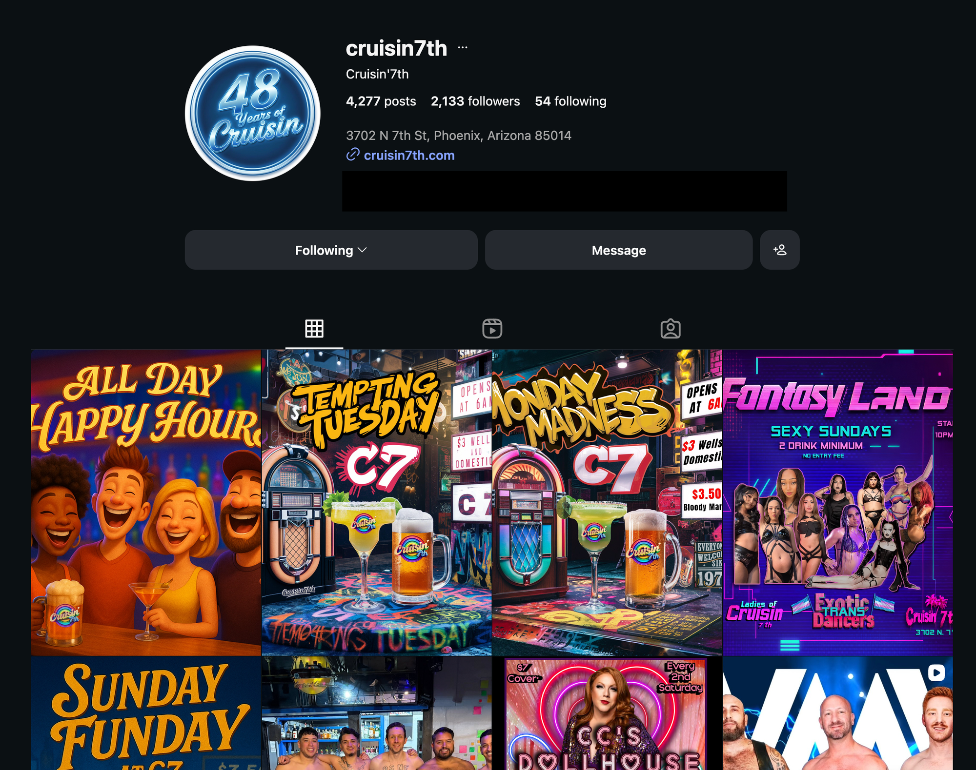 An image of the Instagram page for crusin7th, a bar in Phoenix, Arizona.