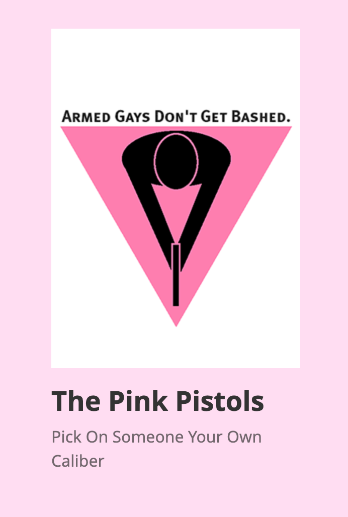 Logo with a pink triangle and text promoting LGBTQ safety through self-defense, associated with Pink Pistols.