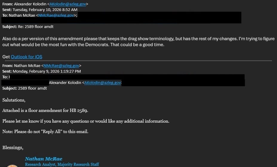 Email conversation discussing a floor amendment related to HB 2589 and drag show terminology.