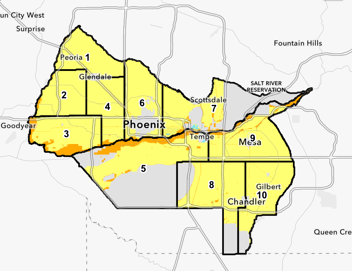 Map of Phoenix area with numbered districts and various regions labeled.