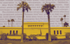 A historic-looking yellow building with tall palm trees in front, set against a background of blurred black-and-white text.
