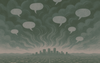 An illustration of a town with large buildings and what appears to be smoke with chat bubbles.