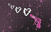 An illustration of a pink pistol with a heart-shaped barrel, blowing heart-shaped smoke rings.