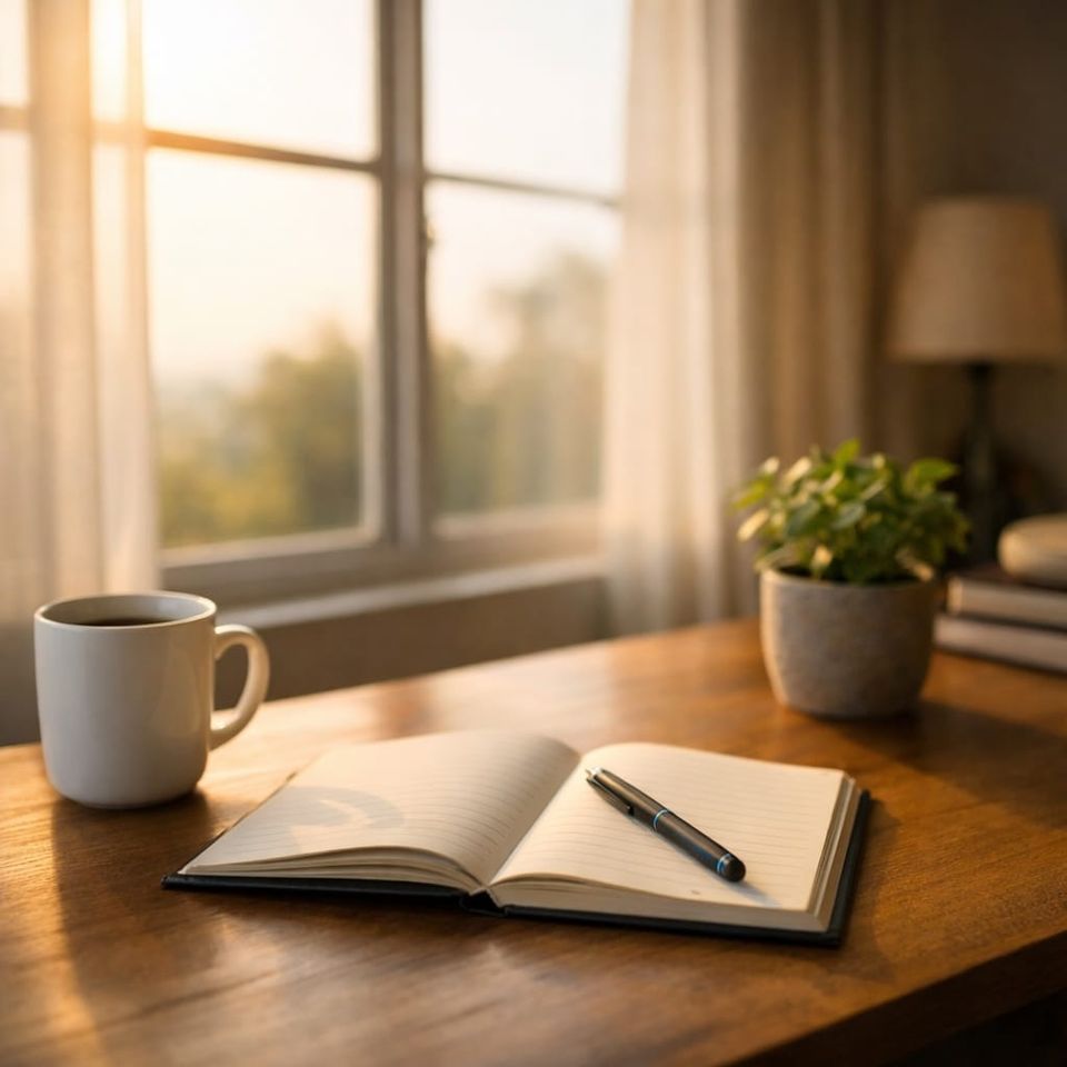 Morning light over a quiet desk with an open notebook, reflecting on a moment of clarity after stepping back from the pressure