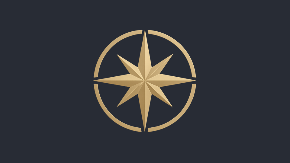 Minimal gold compass symbol representing direction, alignment, and a central point of orientation.