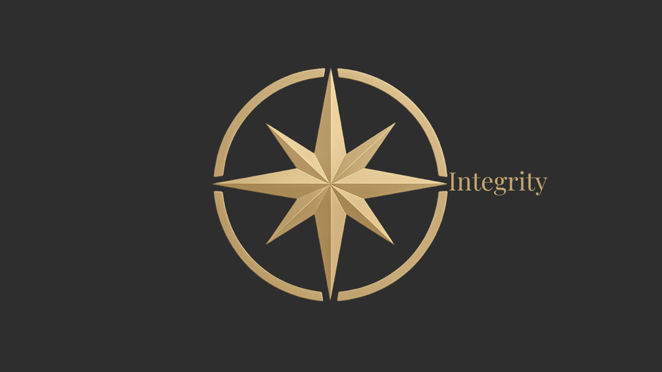 A gold compass on a dark background with the word "Integrity" aligned to the East point, representing direction through alignment with truth.