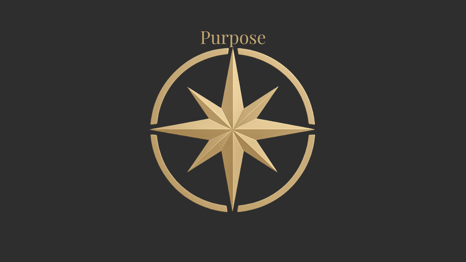 A gold compass on a dark background with the word "Purpose" centered above the north point.