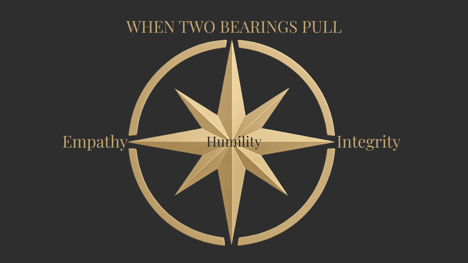 EPIC Compass illustration showing Empathy and Integrity connected through the Humility axis beneath the title “When Two Bearings Pull.”