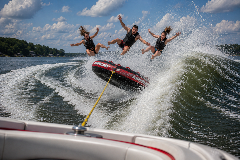 Three people riding an inflatable tube behind a boat as it launches over a large wake, illustrating the ripple effects leaders create for those following behind them.
