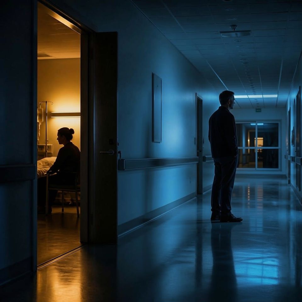 A man quietly keeping watch in a hospital hallway while a family member remains beside a loved one, illustrating the quiet presence and support that often defines great leadership.