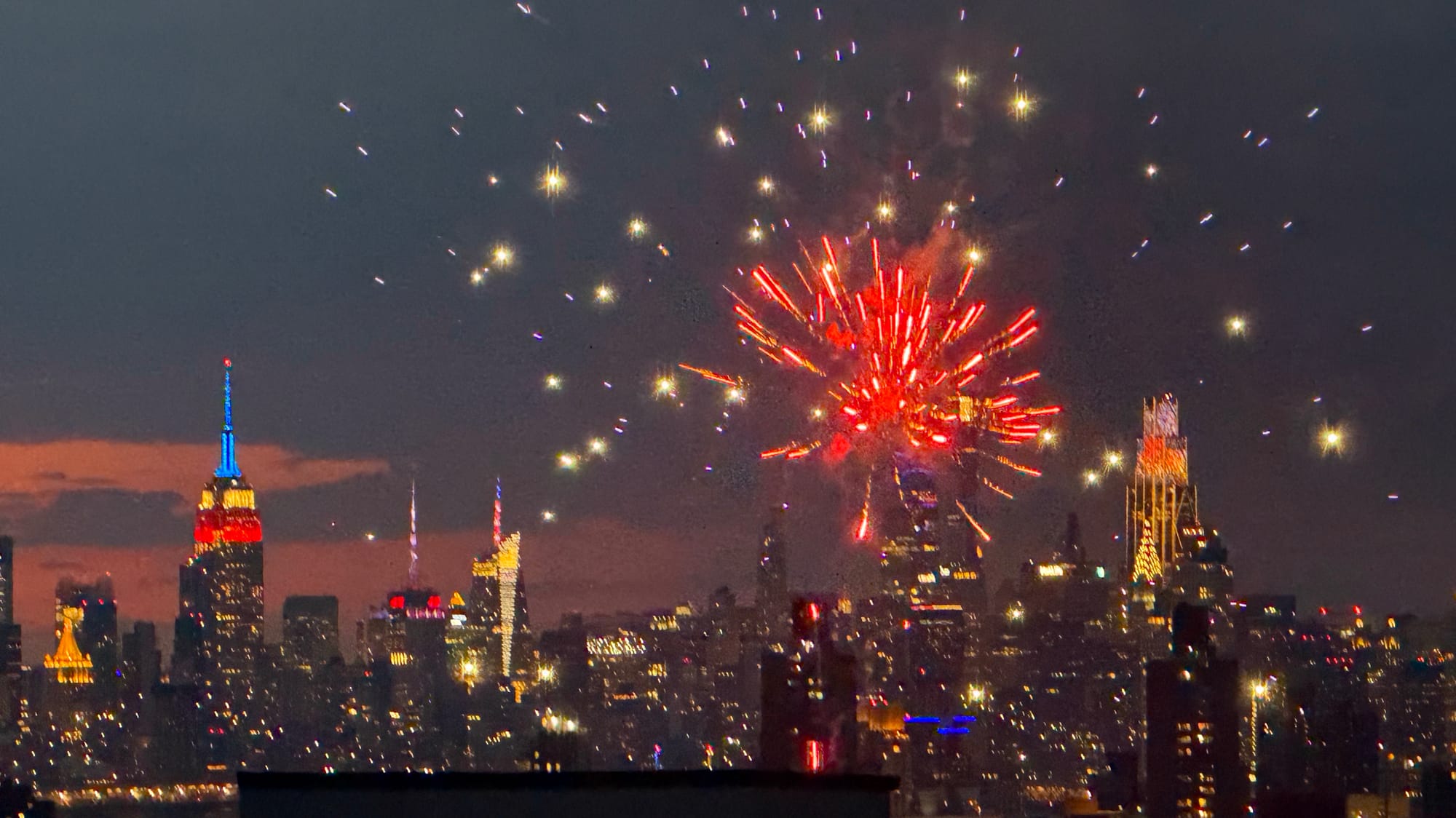 Photo of July 4 Fireworks against the Skyline of Manhattan. Taken by Frederick Lane, 2026.