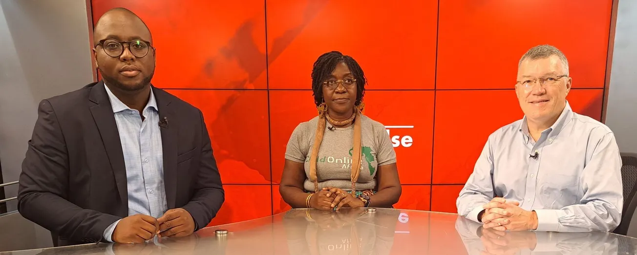 Blessed Sogah, Awo Amenyah, and Frederick Lane on the set of "The Pulse," Joy News, Accra, Ghana