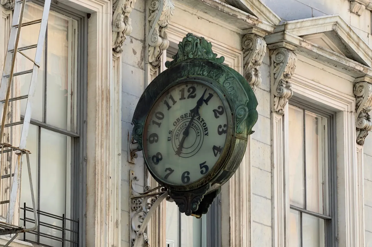 Photo of the E. Howard & Co. Clock, Tribeca, New York. Taken by Frederick Lane in 2026.
