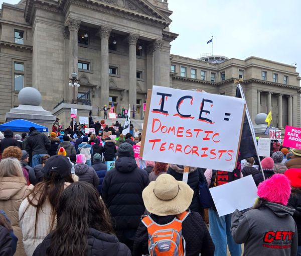 Protest crowd gathered at Idaho Statehouse. Sign in foreground reads: ICE = Domestic Terrorists.