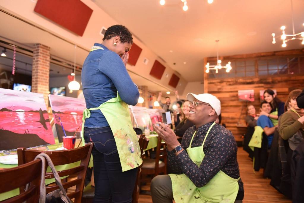 Marriage proposal at a PaintNight.com sip and paint party