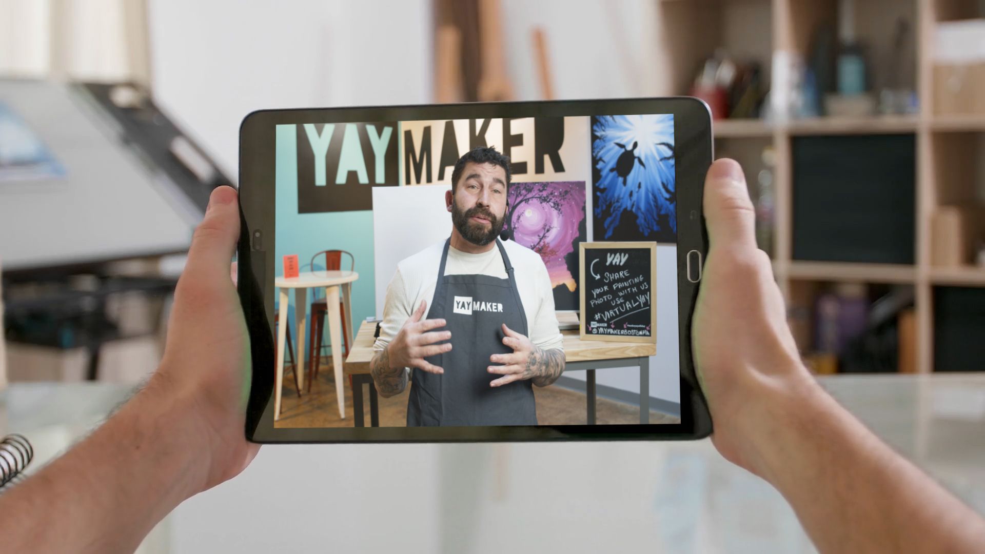 Virtual paint and sip host on an iPad, running a Valentine's event.