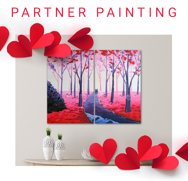 Paint Nite partner painting with trees hanging on wall