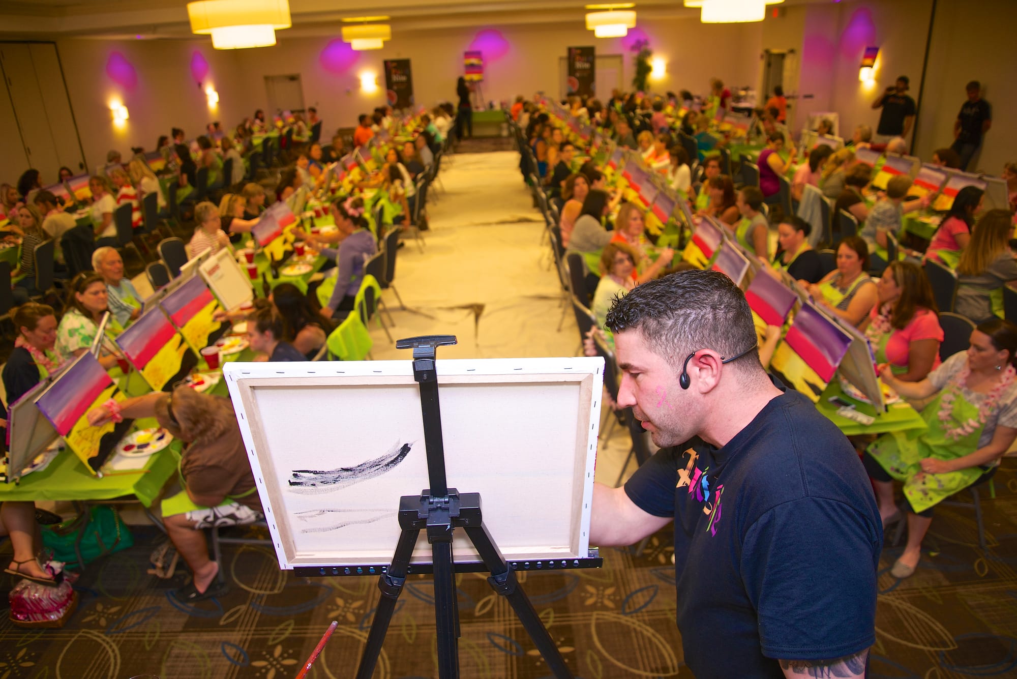 Host teaching crowded Paint Nite class creative side hustle