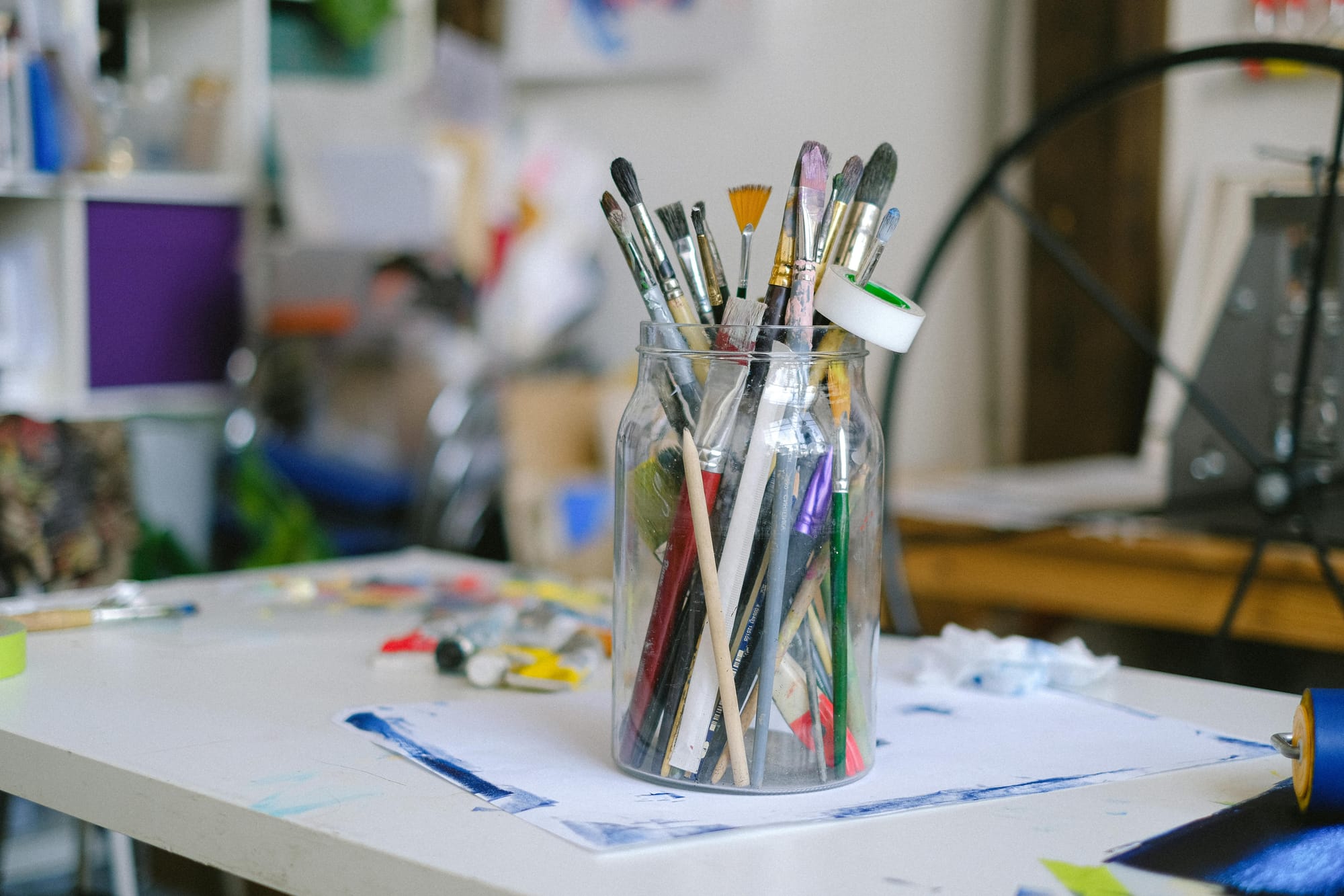 Creative workspace with painting materials available for hourly rental