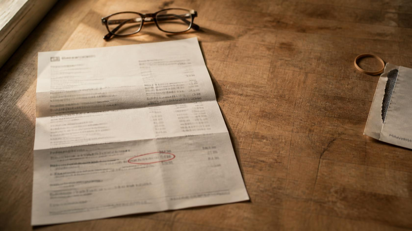 A folded insurance declarations page on a kitchen counter, one line circled in pen