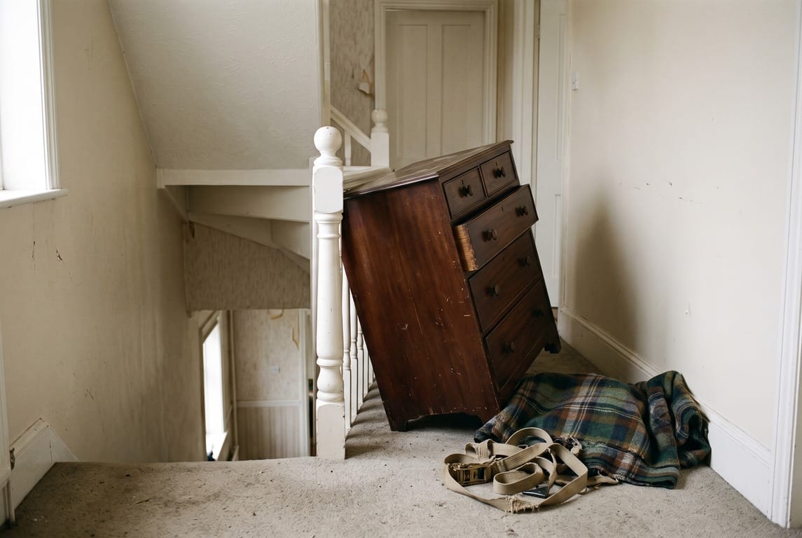 A chest of drawers wedged at an angle against the banister on an upstairs landing, with moving straps and a folded blanket on the floor beside it.