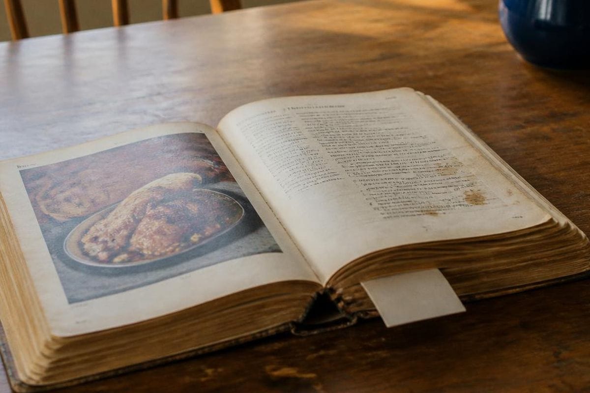 An open cookbook on a kitchen table with a folded government letter tucked between its pages