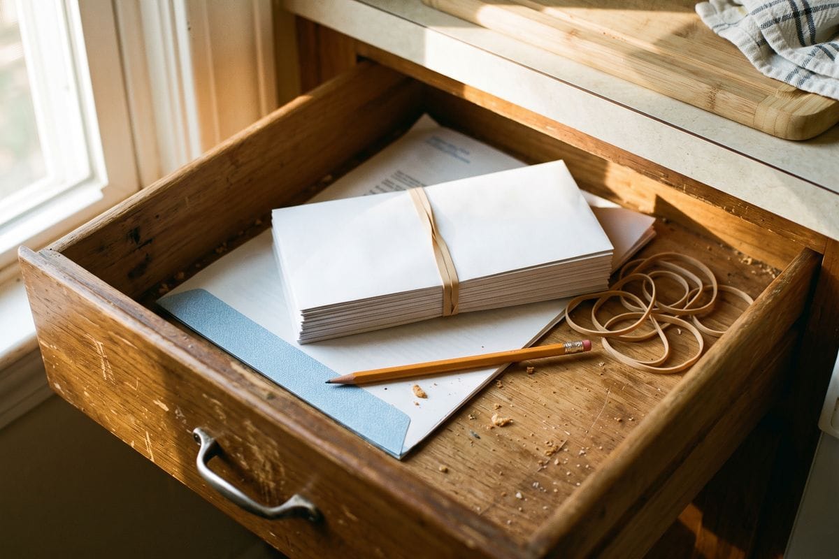 An open kitchen drawer with plain envelopes and a folded document with a blue backing sheet