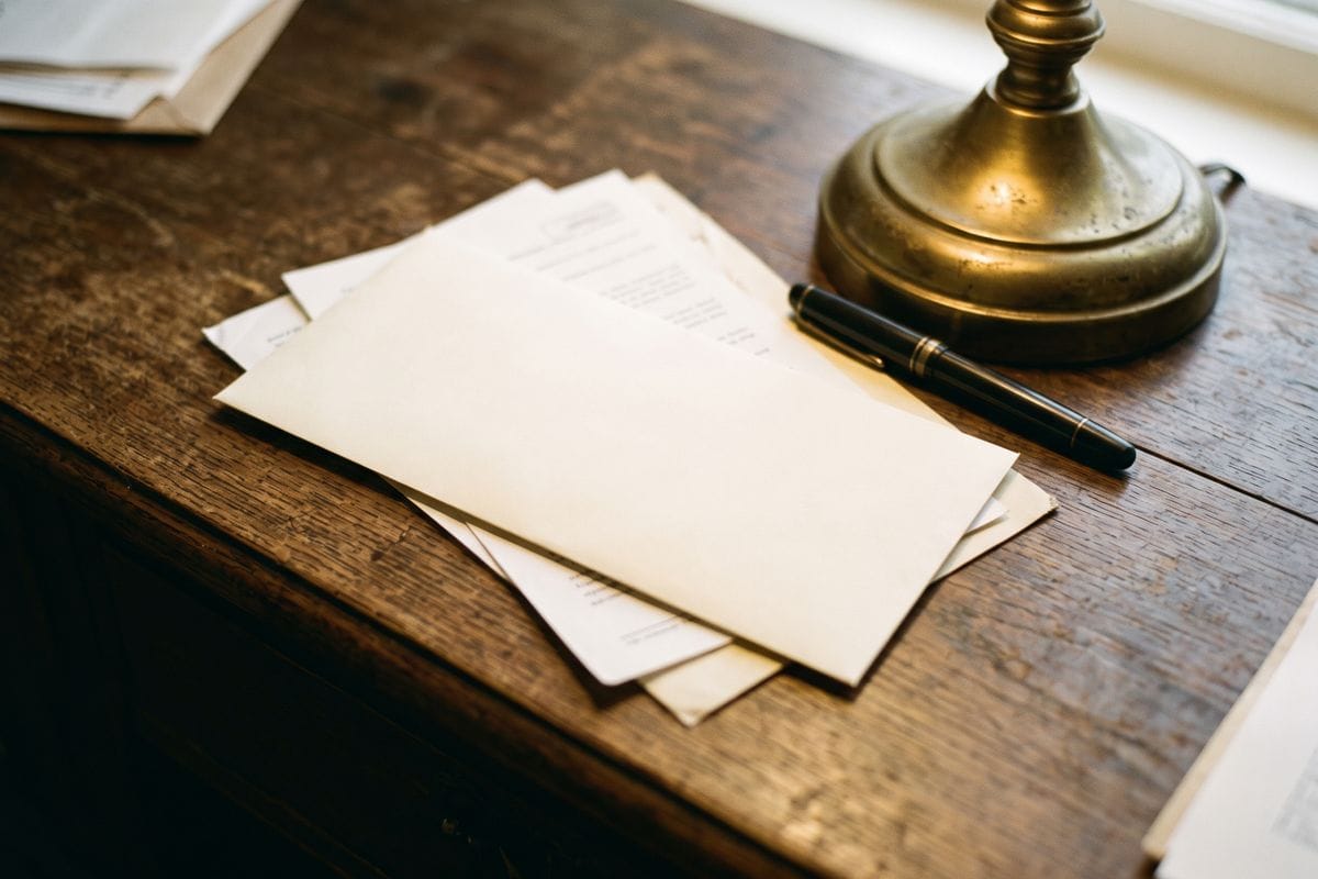 A long sealed envelope on a desk beside a fountain pen and a desk lamp