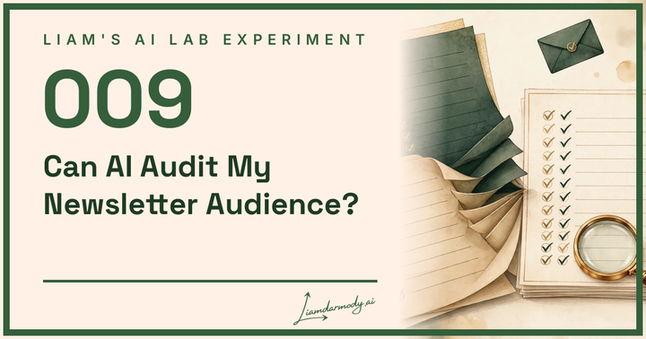 AI Lab experiment 009 cover: 'Can AI Audit My Newsletter Audience?' Illustrated stacked subscriber lists with checkmarks, a magnifying glass, and an envelope.
