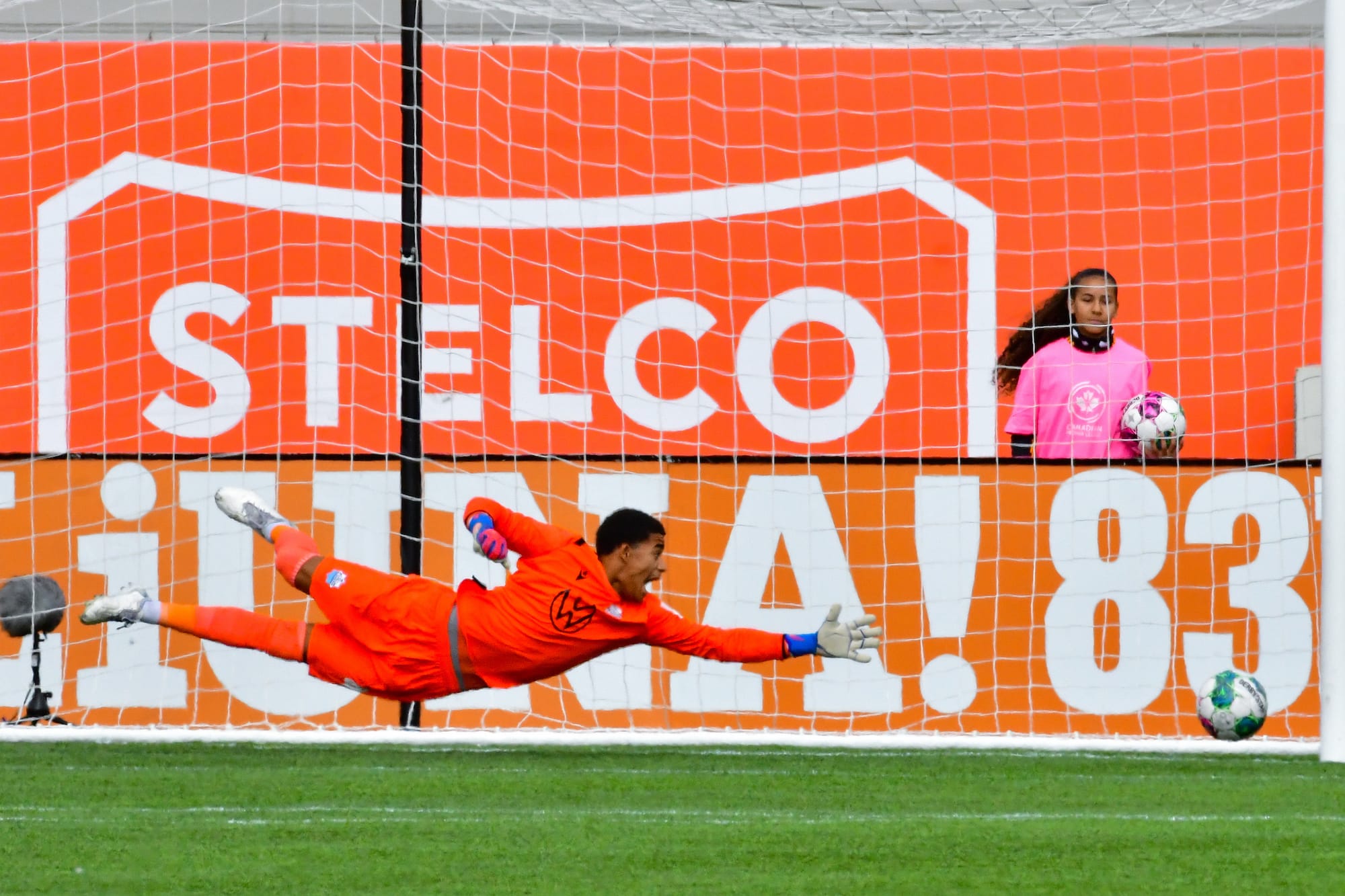 Halifax Wanderers goalkeeper Adisa De Rosario lunges after a shot.