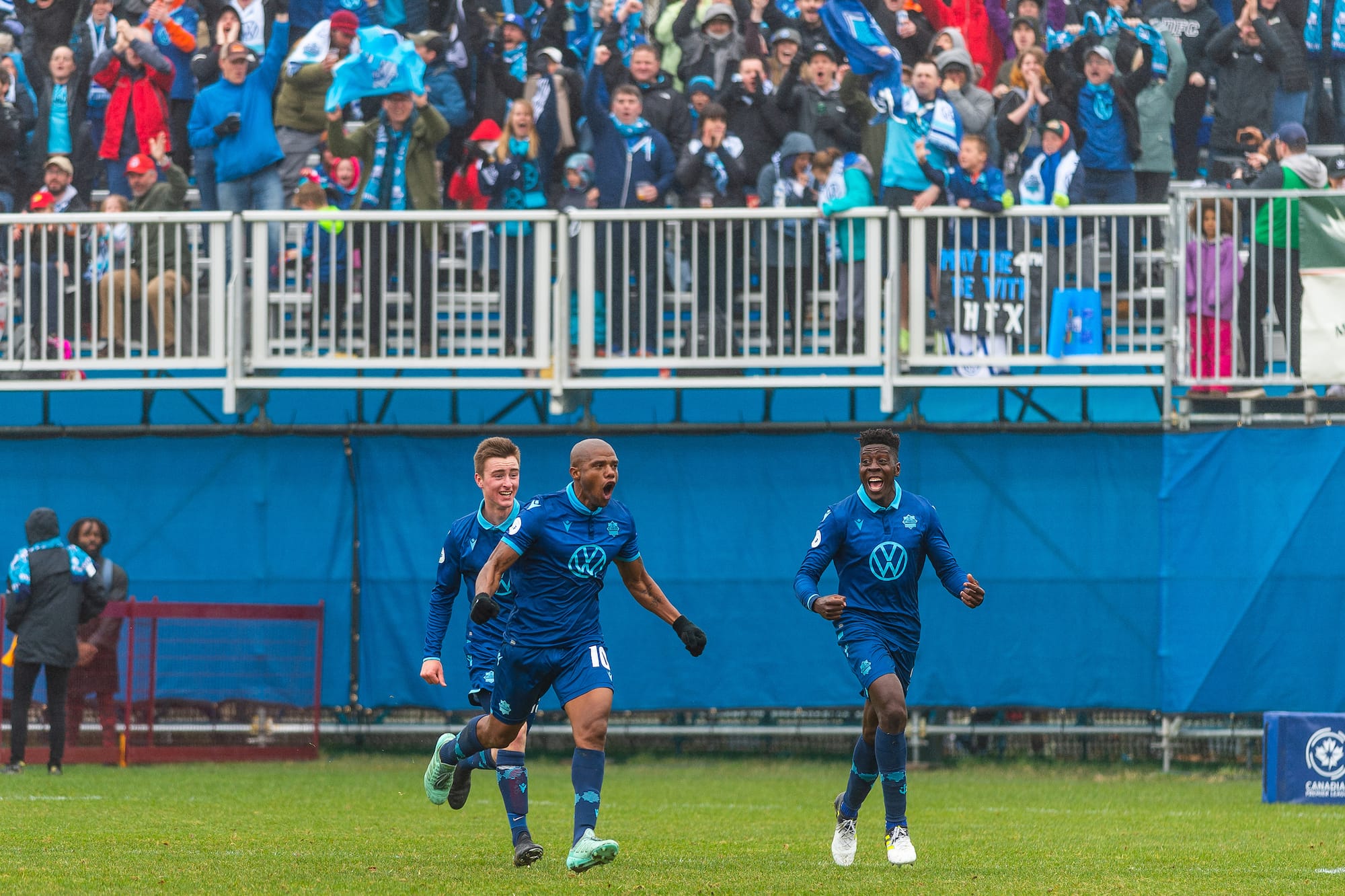 Luis Alberto Perea celebrates after scoring a game-winning goal against Forge FC.