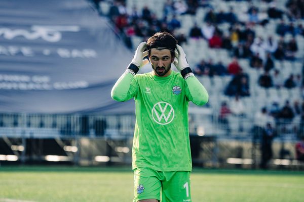 Halifax Wanderers goalkeeper Marco Carducci looks out at the Vancouver FC crowd