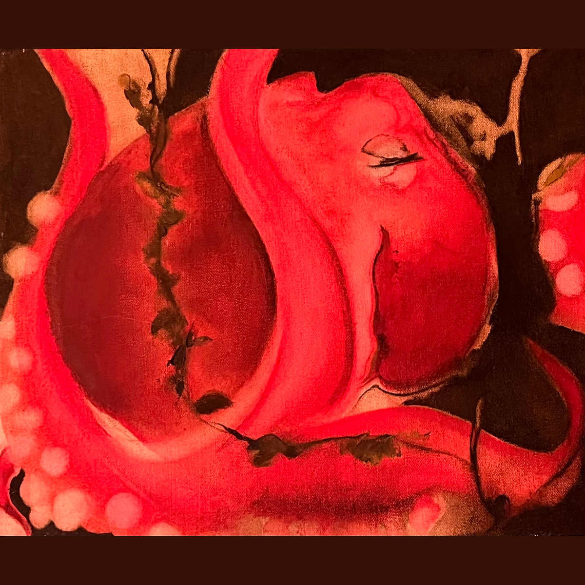 oil painting of an octopus in shades of red 