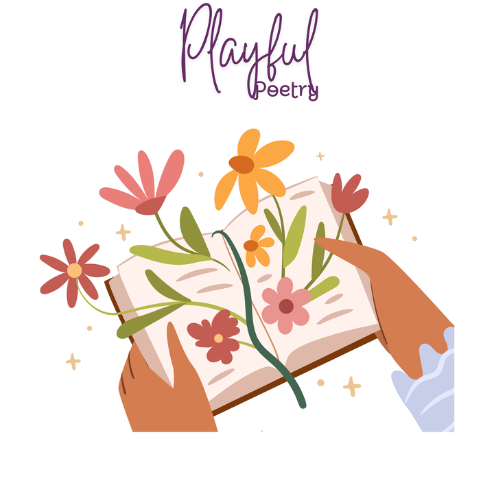 A graphic of a woman's hands holding an open journal with flowers leaping from the pages.