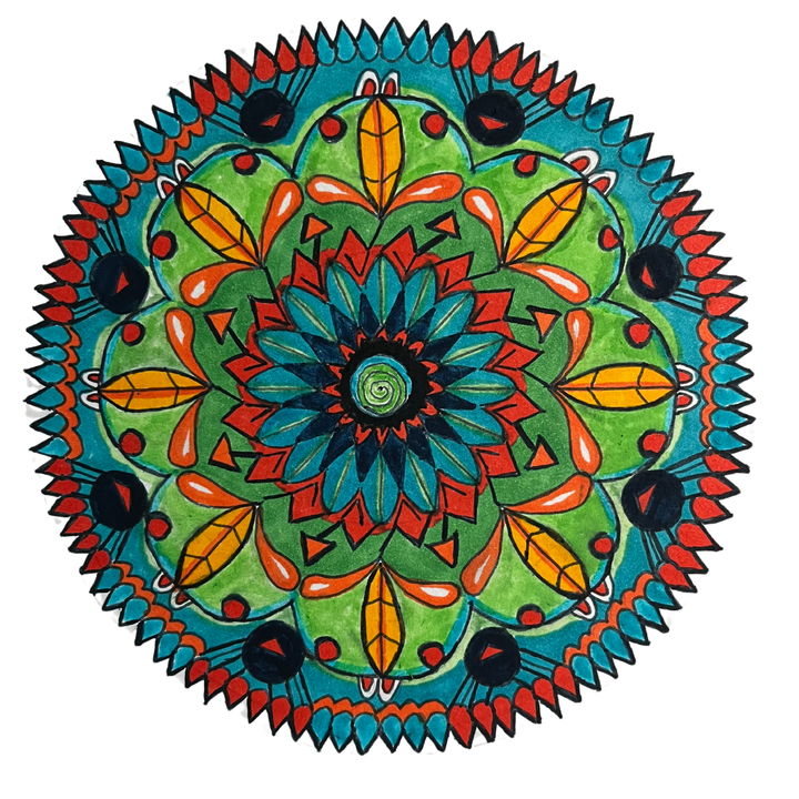 photo of a  colorful mandala (orange, blue, black and red) made by the author (Jill Hodge)