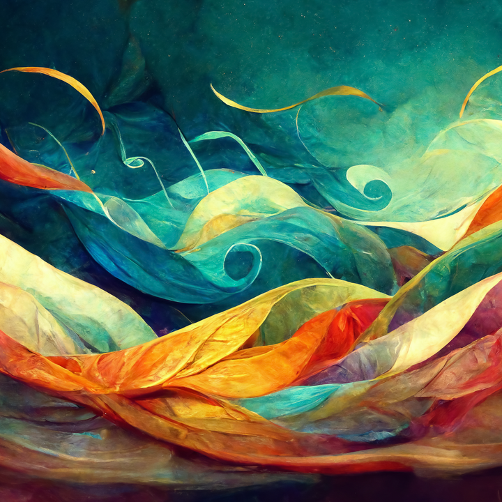 photo of a painting of abstract colorful swirls and musical notes