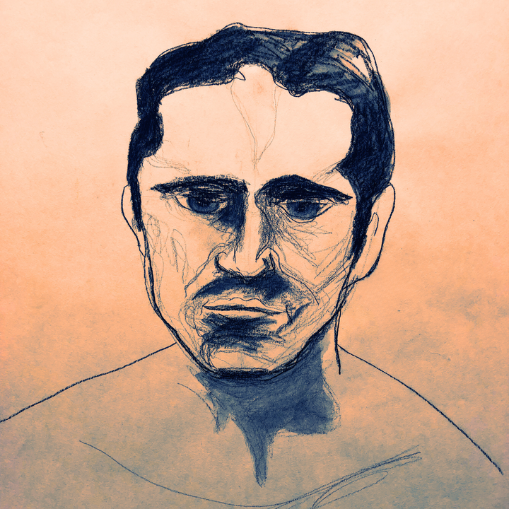 charcoal portrait sketch of a man with a mustache.