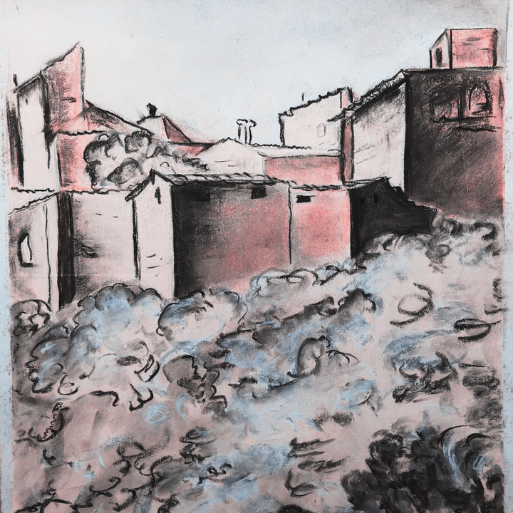 rose and grey pastel abstract drawing of houses with trees in the foreground