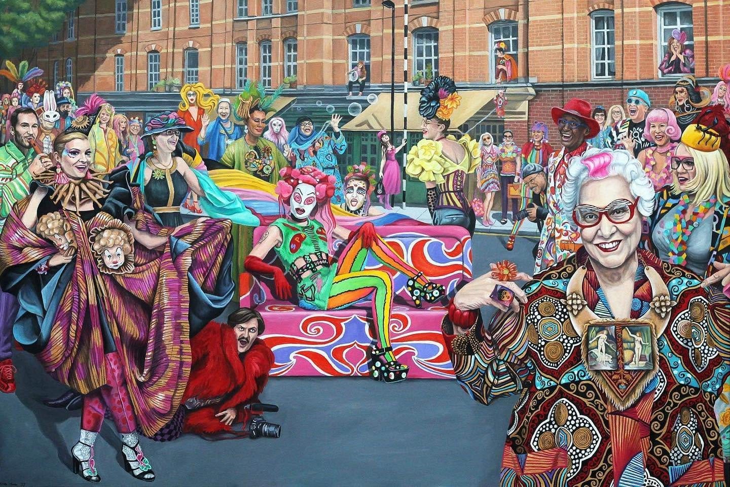 This image shows the painting "Colour Walk 3" (2021) by artist Ella Guru.The scene depicts a gathering of creative people dressing up in colorful outfits at the Old Spitalfields Market in London.Ella Guru is a known Stuckist artist based in London.