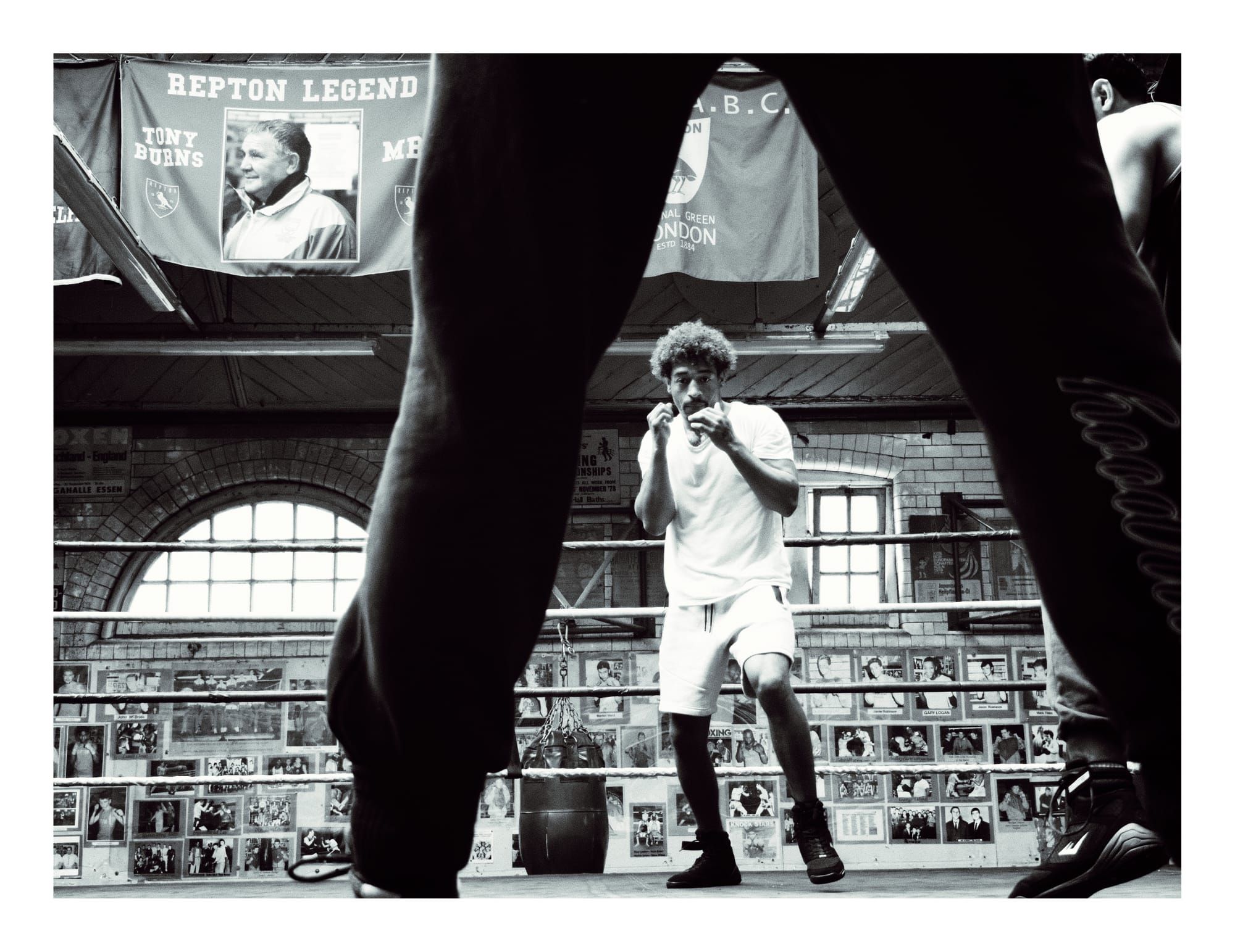 A boxer sets up against an sparring partner in Repton Boxing Club