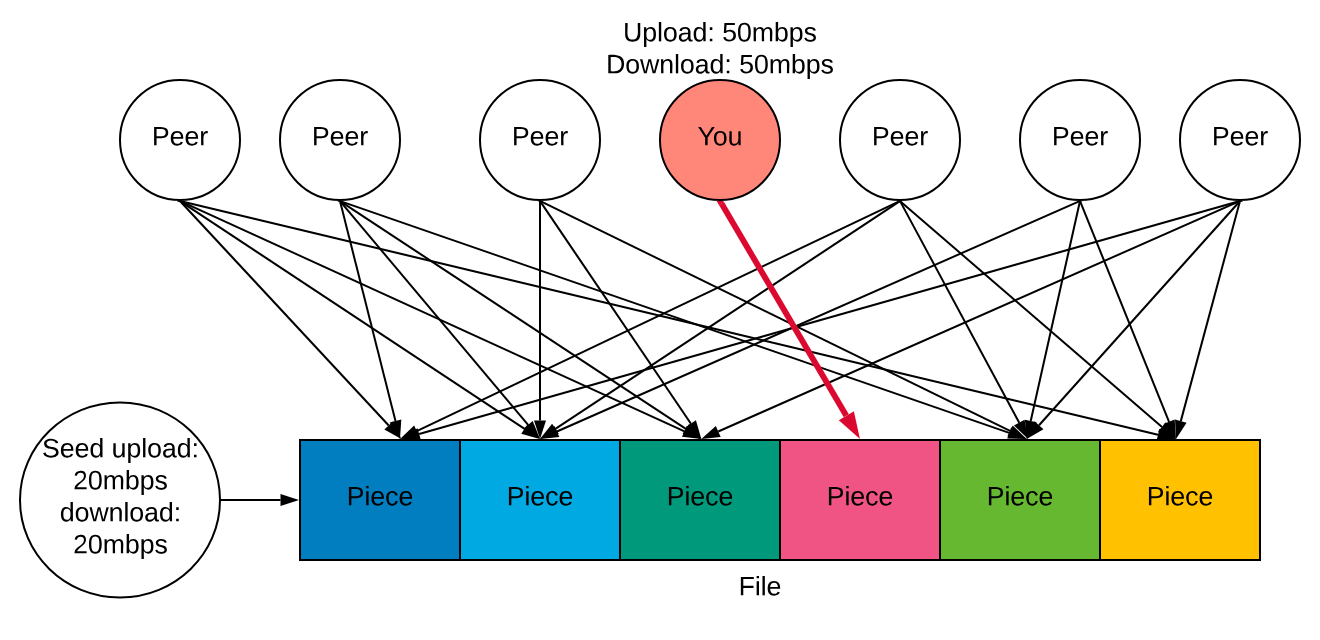 A list of peers, all downloading a file. No peer has one piece other than us. We are the only ones other than the seed with the rarest piece.