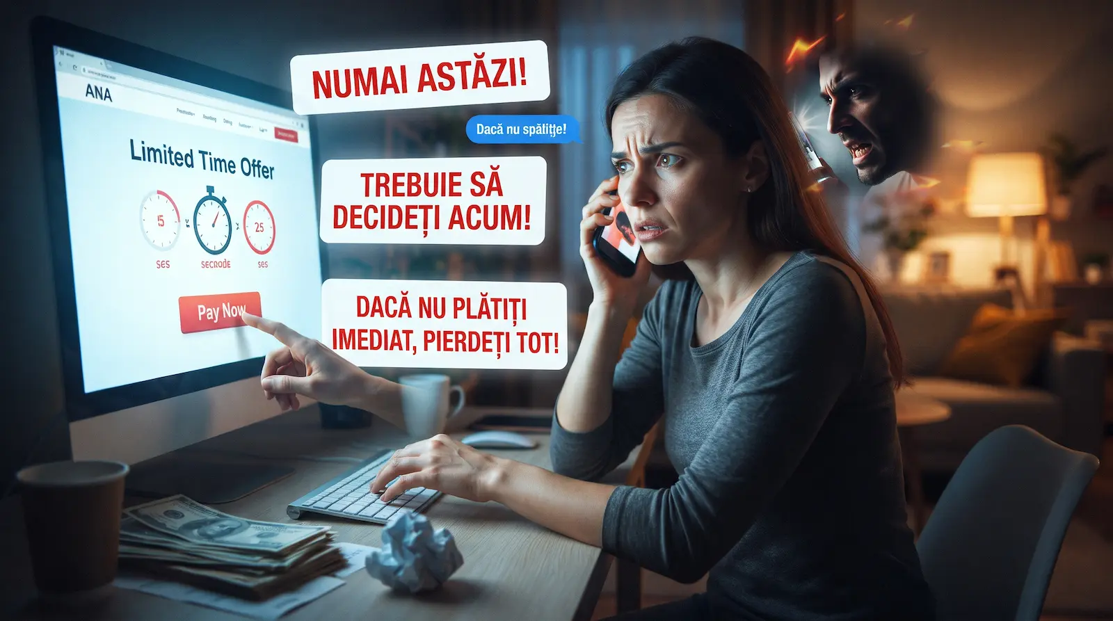 O femeie îngrijorată stă la un birou în fața unui calculator, vorbind la telefon, în timp ce pe ecran apare mesajul „Limited Time Offer” și un cronometru, iar pe fundal sunt afișate bannere cu mesaje urgente precum „Numai astăzi!” și „Trebuie să decideți acum!”