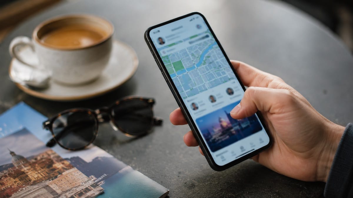 Smartphone con interfaccia astratta di profili e mappa urbana, simbolo degli annunci online nel sex work legato al turismo