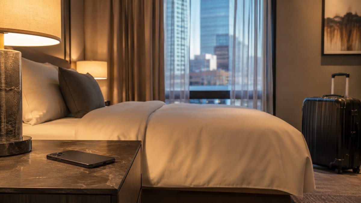 Camera d’hotel elegante con smartphone capovolto e valigia, immagine simbolica della privacy nel sex work legato ai viaggi