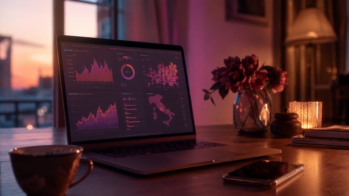 Dashboard digitale con grafici astratti per rappresentare i dati sul sex work in Italia