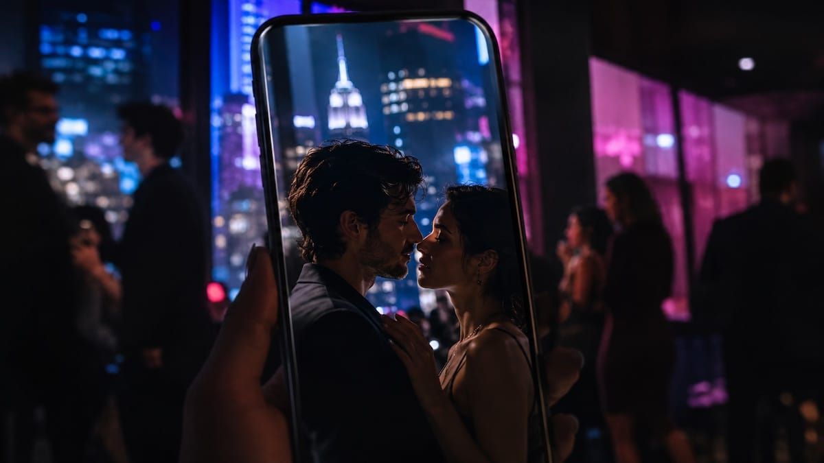 Immagine editoriale sul sesso nel 2026 con smartphone, luci urbane e atmosfera digitale contemporanea.