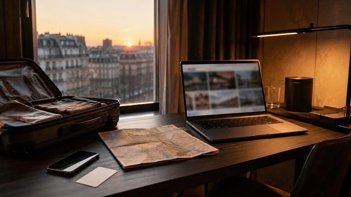 Scrivania in hotel con smartphone, valigia e mappa turistica, immagine rappresentativa del rapporto tra sex work e turismo